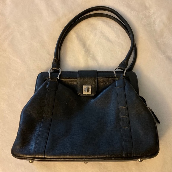 Black Classic Curved Leather Handbag with Signature Buckle Closure